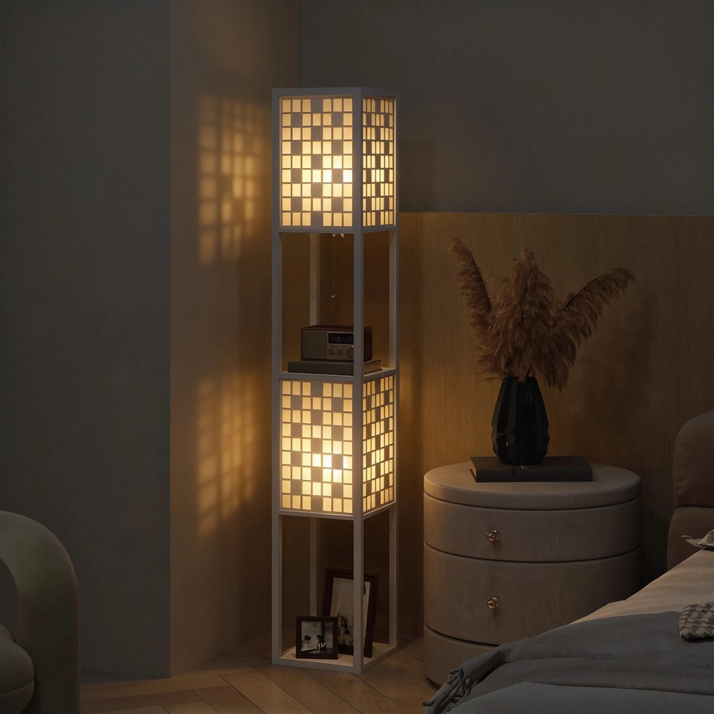 HOMCOM Lampa Podłogowa w Kratkę z 2-Poziomowymi Półkami, dla Różnych Żarówek, Biała