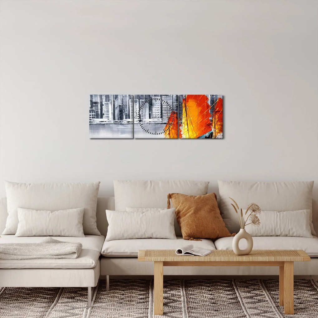 Obraz - Victoria Harbor, Hongkong, czarno-biały obraz olejny (z zegarem) (90x30 cm)