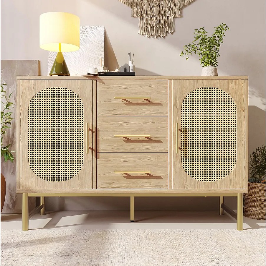 Komoda z 3 szufladami i 2 drzwiami rattanowymi - 120 x 40 x 74 cm - Regulowane półki - Płyta wiórowa - Dąb