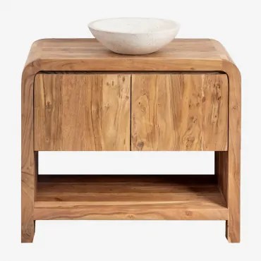 Zestaw Mebli Łazienkowych Z Drewna Vacry Akacja Brąz & Cement Okrągły Biały Ø40 Cm Zavion & Bezlusterkowiec & Bez Kranu & ↔︎ - Sklum