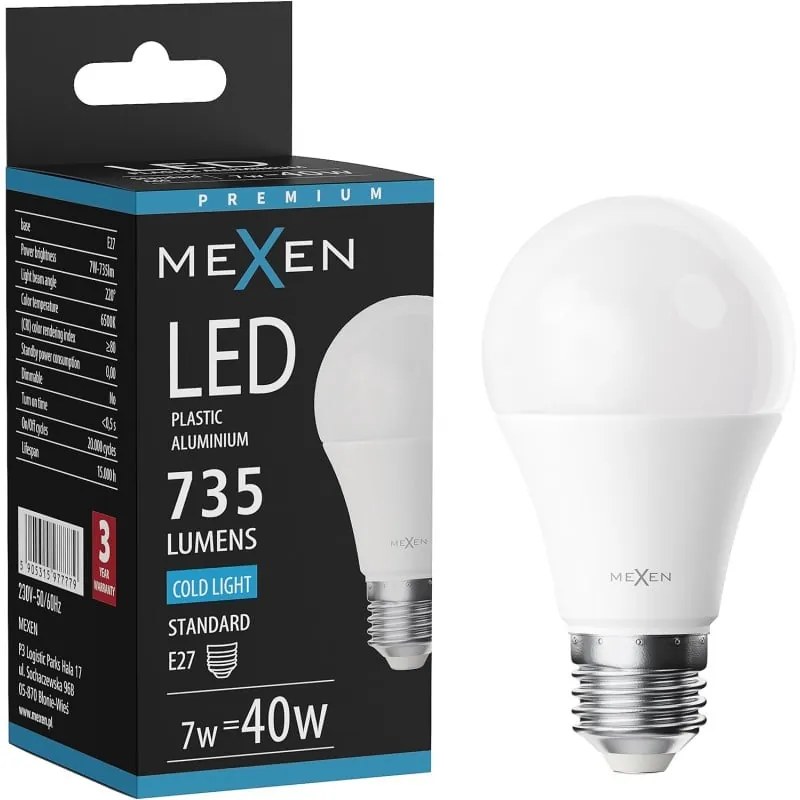 Mexen Nova żarówka LED E27, A60, 7W, Zimna - 6500K, 735 lm - L100-E27-0765-01