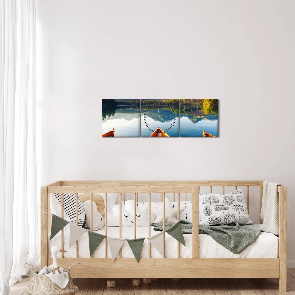 Obraz - Jezioro z łodziami (z zegarem) (90x30 cm)
