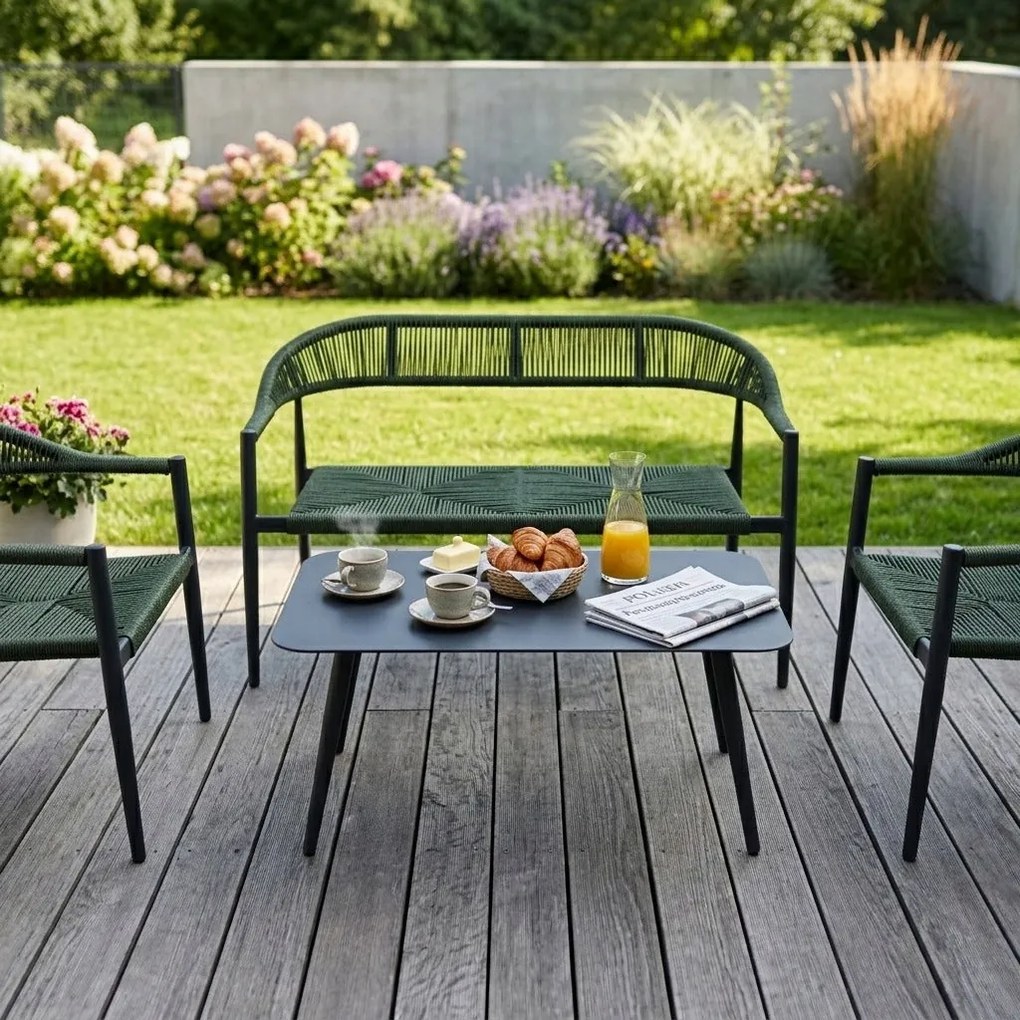 Zestaw mebli ogrodowych ciemnozielony, szara rama, ławka, 2 krzesła, stolik