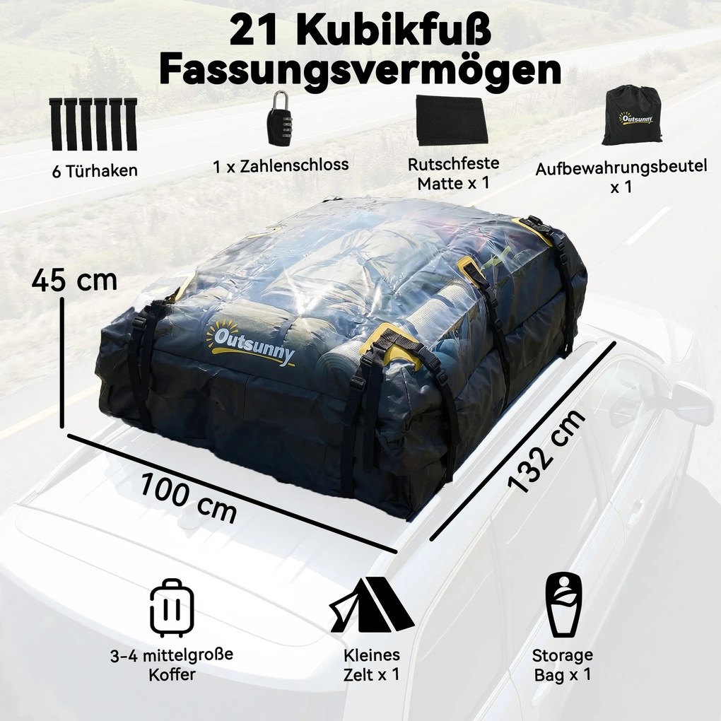 Outsunny Torba dachowa samochodowa 595 l składana wodoszczelna z matą antypoślizgową 10 wytrzymałych pasów 6 haków drzwiowych | Aosom PL