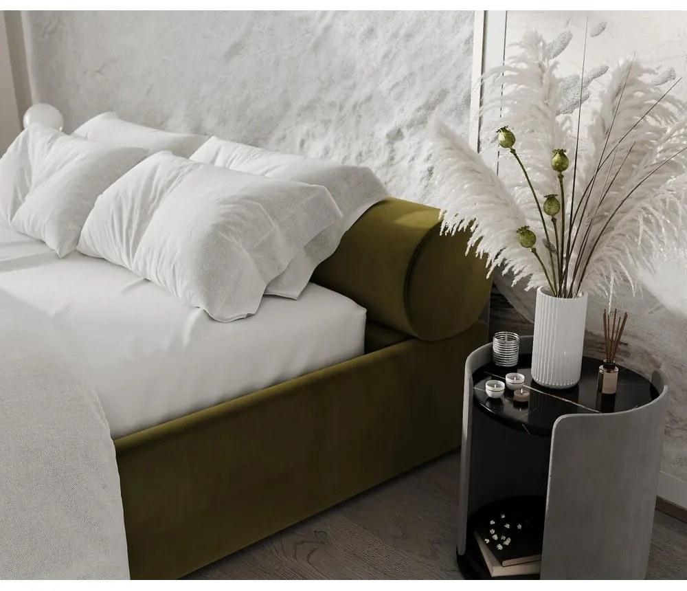 Ciemnozielone tapicerowane łóżko dwuosobowe ze schowkiem ze stelażem 180x200 cm Solvo – Maison de Rêve