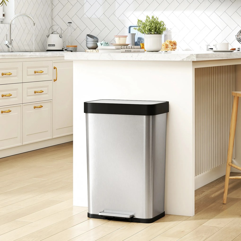 HOMCOM 60 L kosz na śmieci z pedałem, stalowy pojemnik z pokrywą z miękkim domykaniem, kolor srebrny