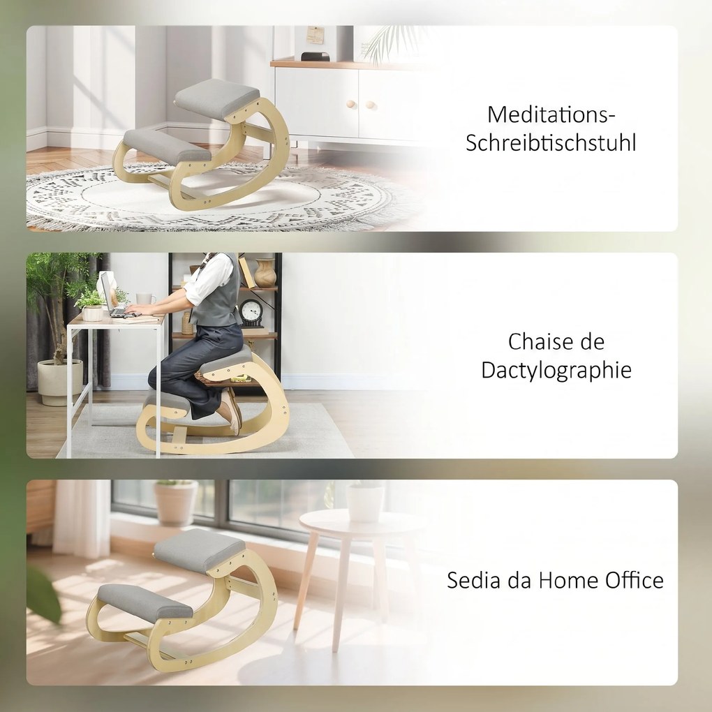 HOMCOM Ergonomiczne, bujane krzesło klęczące do home office, do poprawy postawy, jasnoszary | Aosom PL