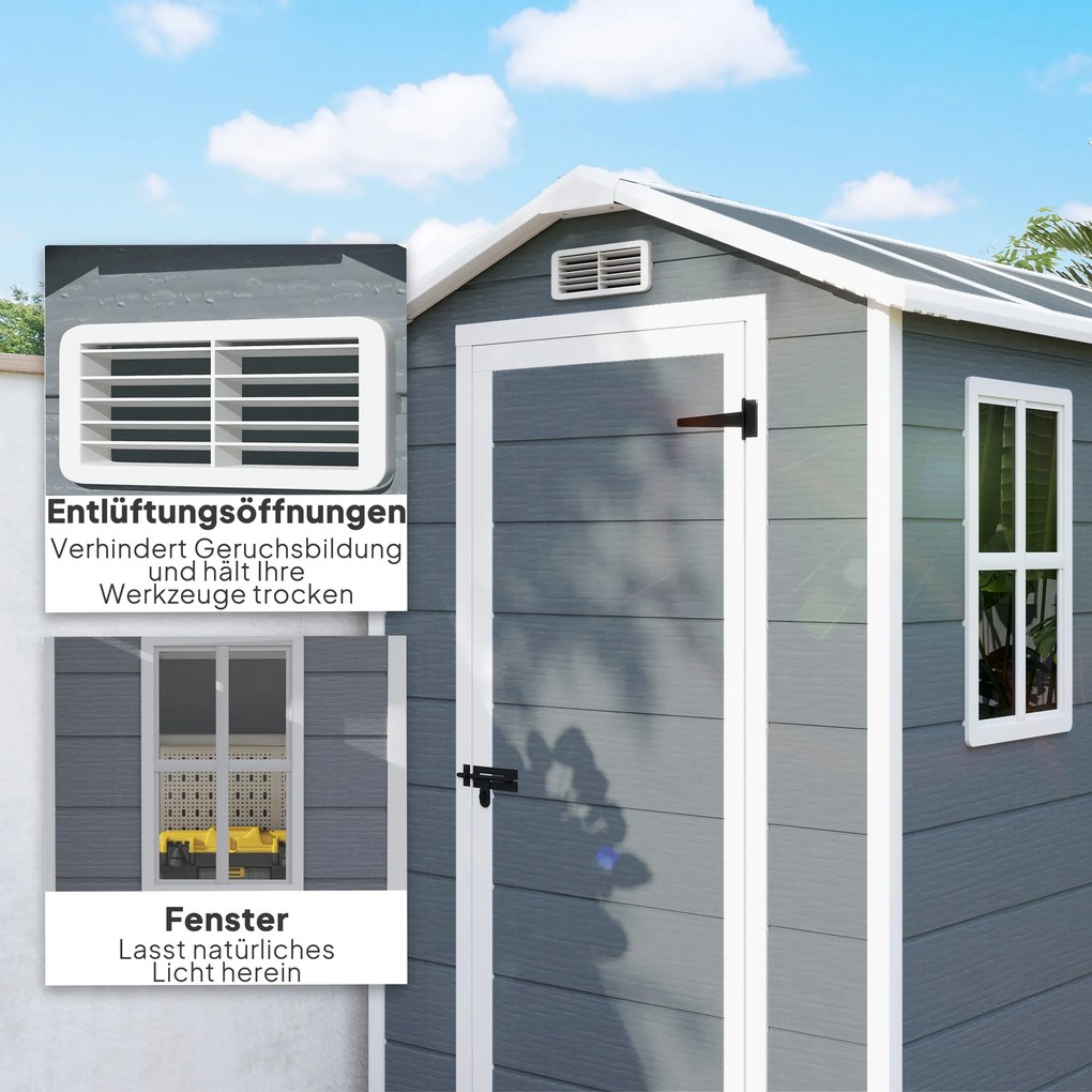 Outsunny Schowek Ogrodowy, Plastikowy Domek Ogrodowy z Podłogą i Oknem, Zamknięte Drzwi, na Ogród, 131S x 186G x 198W cm, Szary