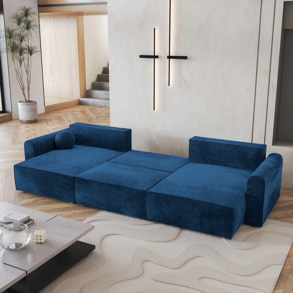 Masseno Narożnik FENTO z funkcją spania i pojemnikiem na pościel Narozniki U, Rozkładana sofa - Niebieski, MONOLITH 77