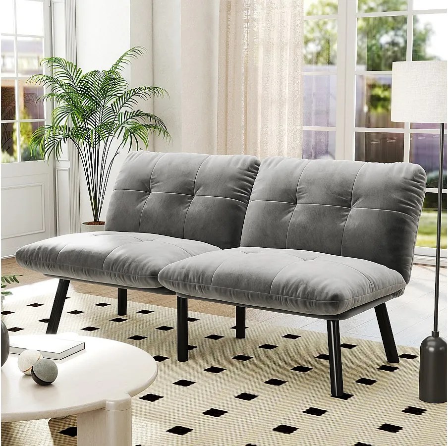 Sofa 2-osobowa - Prosta sofa ze składanym oparciem i metalowymi nóżkami - szary aksamit