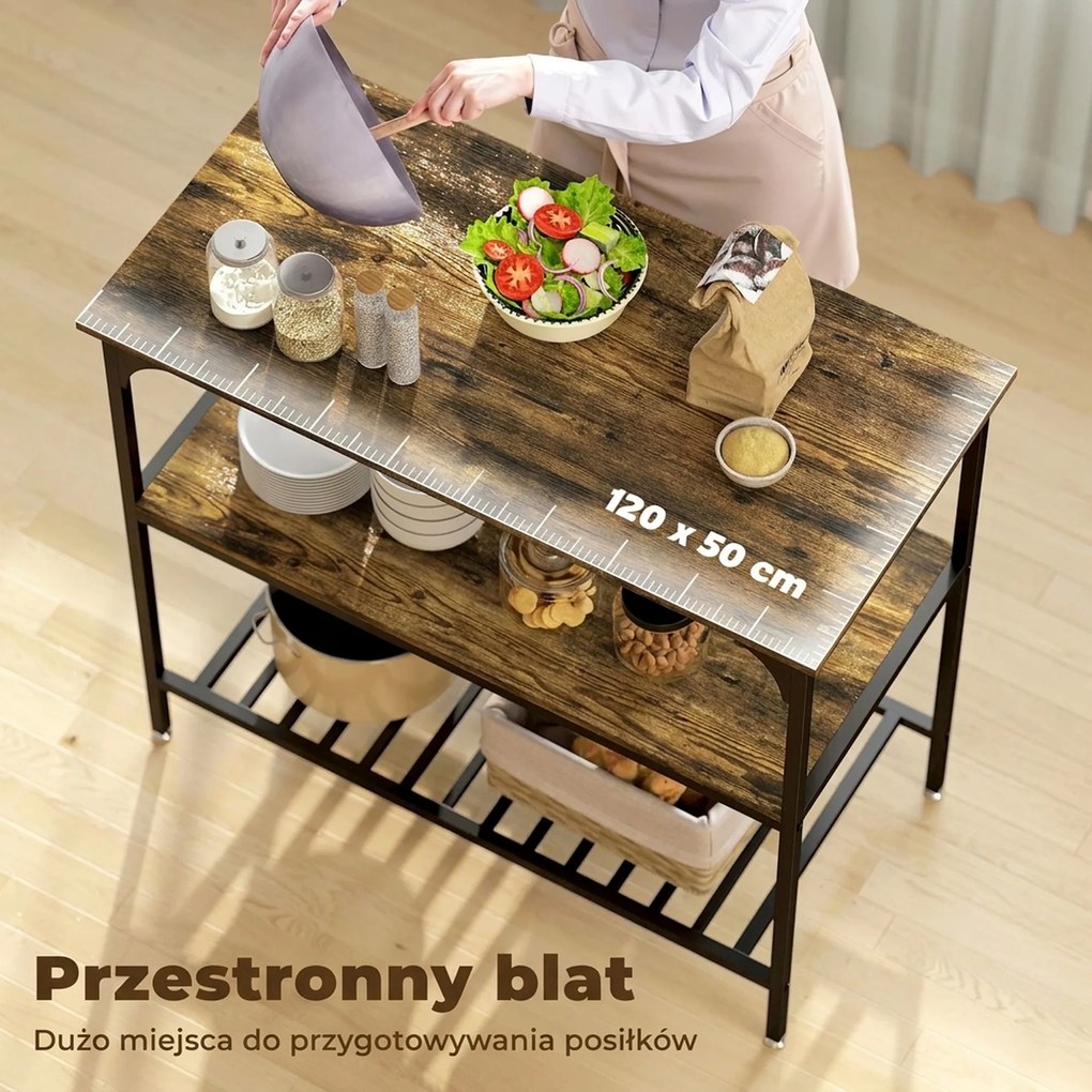 HOMCOM Regał kuchenny, 3-poziomowy regał kuchenny ze stalową ramą, Rustykalny-Brąz+Czarny