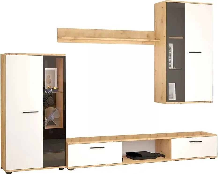 Nowoczesna meblościanka z witryną biały + dąb artisan F8-N71