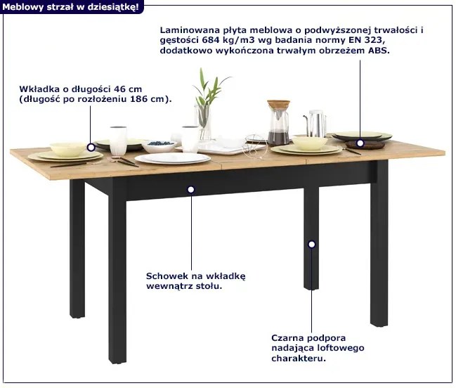 Rozkładany stół w stylu industrialnym dąb artisan - QA-10