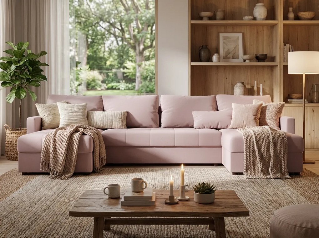 Rozkładana sofa narożna w kształcie U VENORIA 285x146 cm, pudroworóżowa + 2 poduszki GRATIS