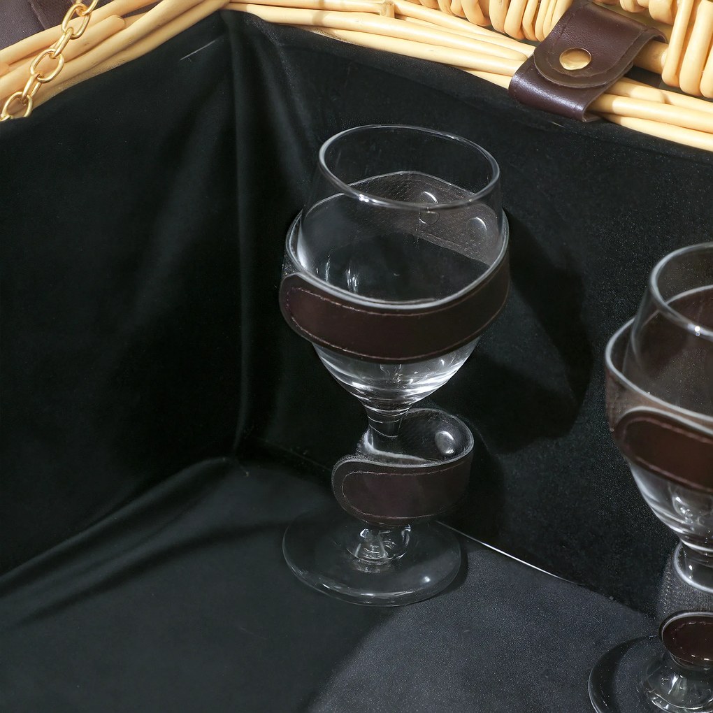 Outsunny Wiklinowy Kosz Piknikowy dla 4 Osób z Izolowaną Komorą Chłodzącą i Zestawem Sztućców, Naturalne Drewno