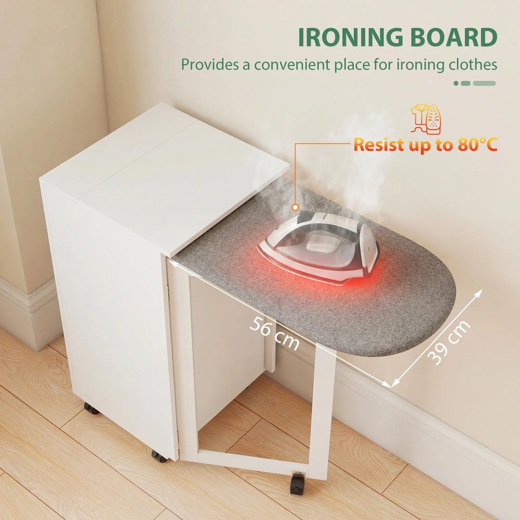 HOMCOM 2-w-1 składana szafka na deskę do prasowania na kółkach z deską do prasowania i regulowaną półką do małych pomieszczeń, Biała | Aosom PL