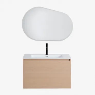 Zestaw Mebli Łazienkowych Z Drewna Z Wbudowaną Umywalką Jacob Naturalna & Owalna Lampa Led I Przeciwmgielna 100x80 Cm Riben - Sklum