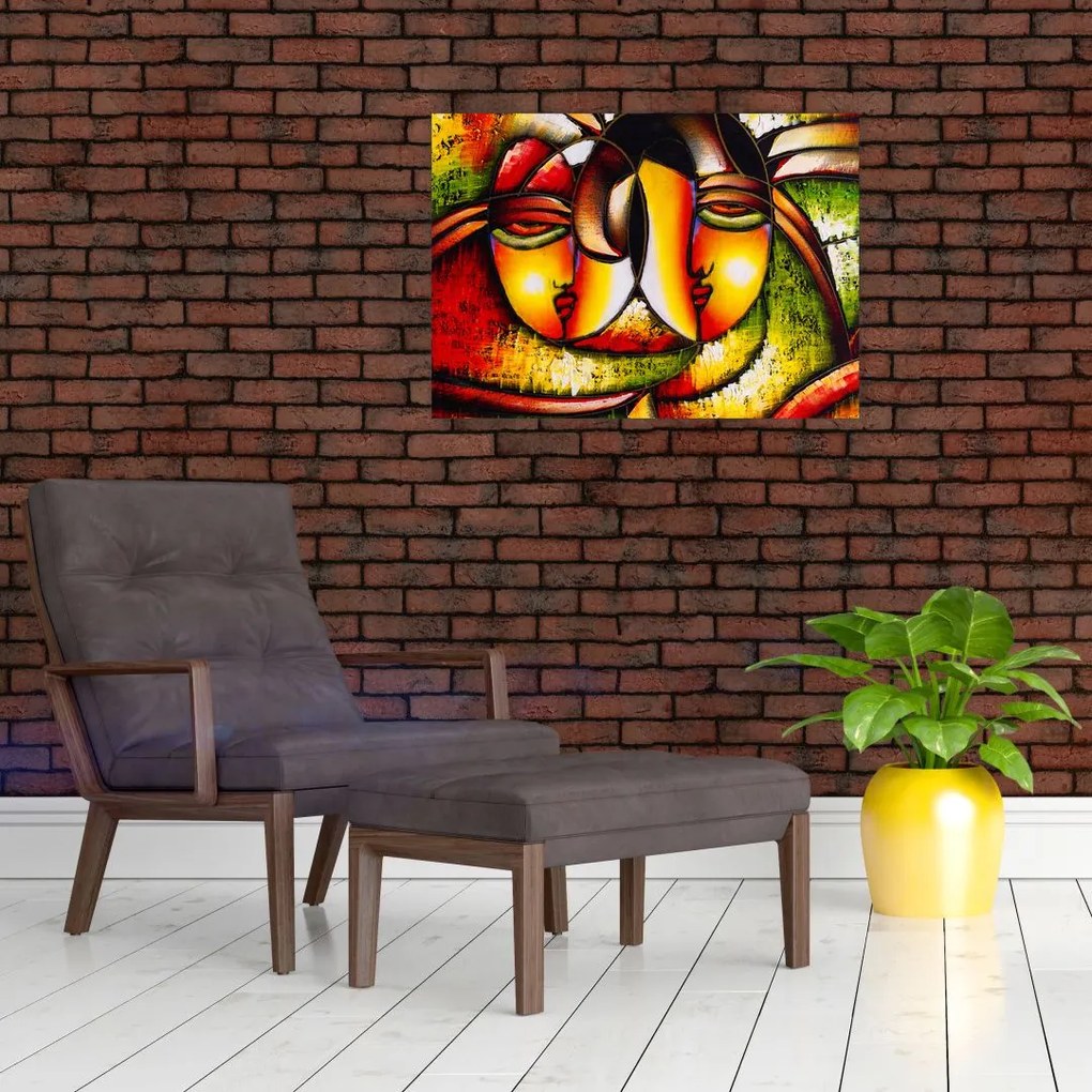 Obraz na szkle - Obraz na szkle olejny, abstrakcyjne twarze (70x50 cm)