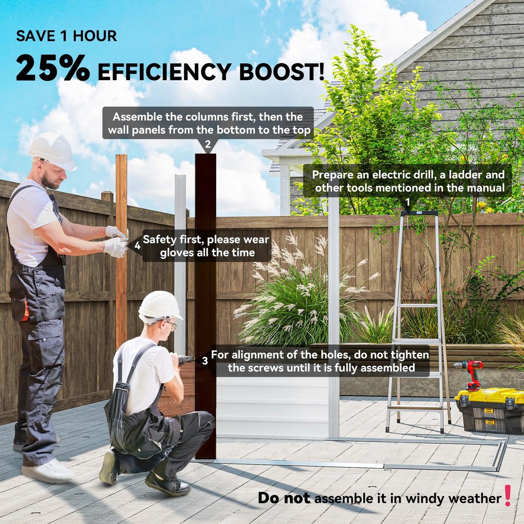 Outsunny Szopa Ogrodowa, Szopa na Narzędzia, Domek Ogrodowy z Oknami, Odporna na Warunki Atmosferyczne, Wygląd Drewna, Stal, 152 x 235,7 x 208,7 cm, Brązowa