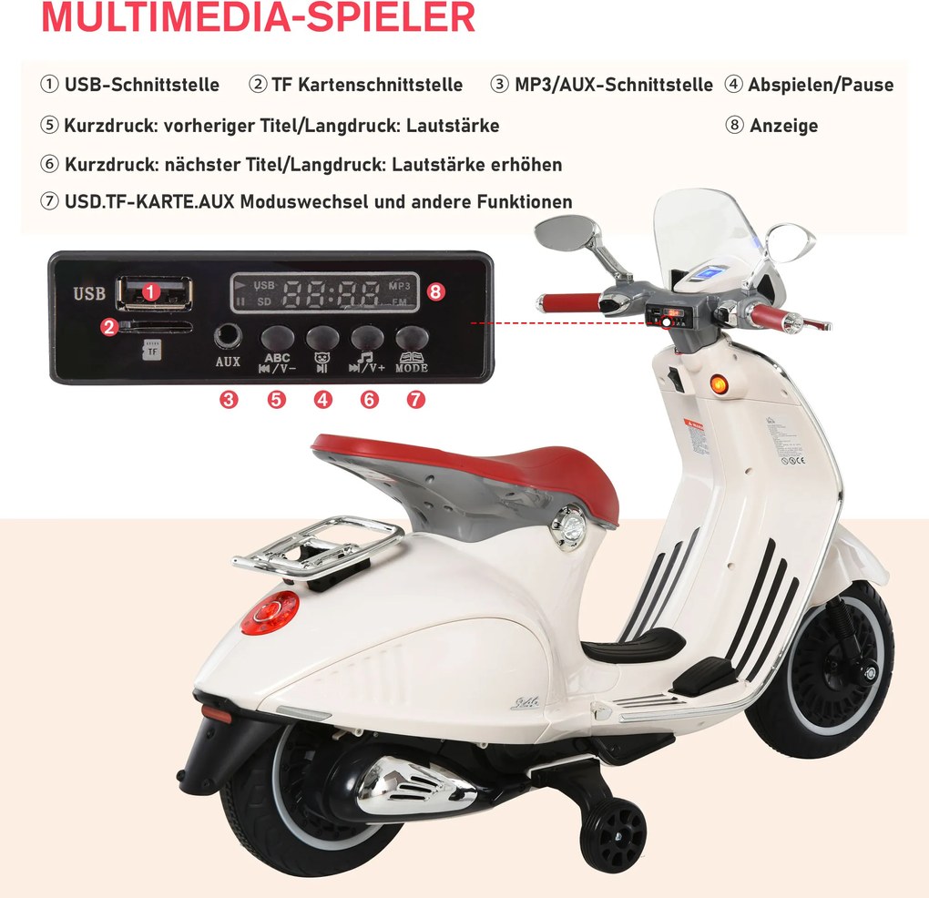 Motocykl dla dzieci HOMCOM z muzyką MP3 marki VESPA biały