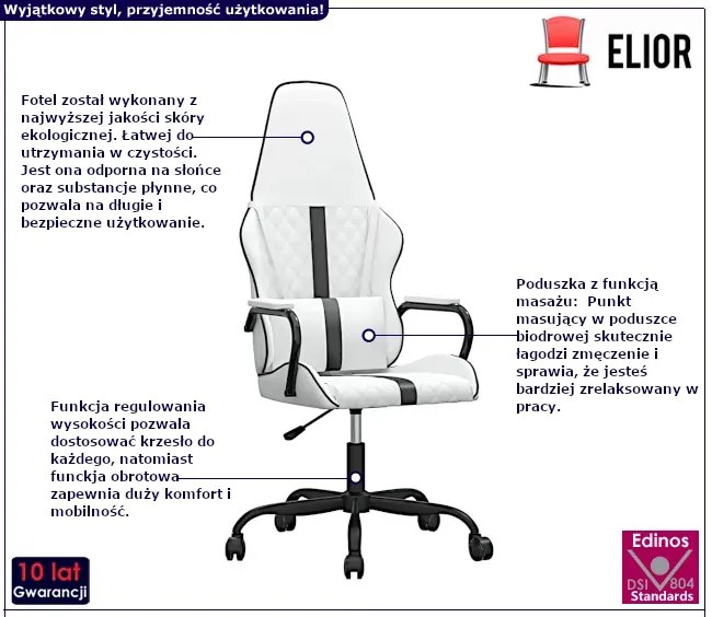 Biało Masujący Czarny Fotel Gamingowy P8-N04