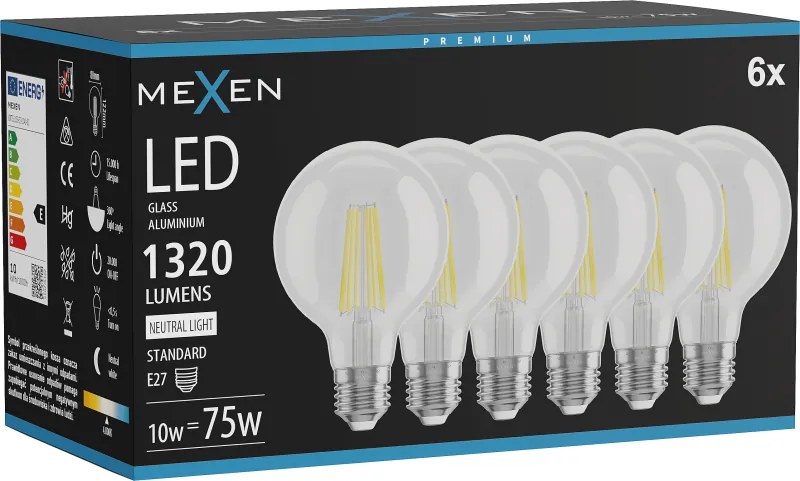 Mexen Vintis 6x żarówka filament LED E27, G80, 10W, Neutralna - 4000K, 1320 lm, clear - L155-E27-1040-00x06