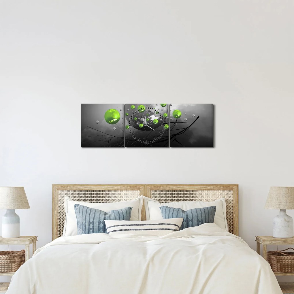 Obraz zielonych abstrakcyjnych kul (z zegarem) (90x30 cm)