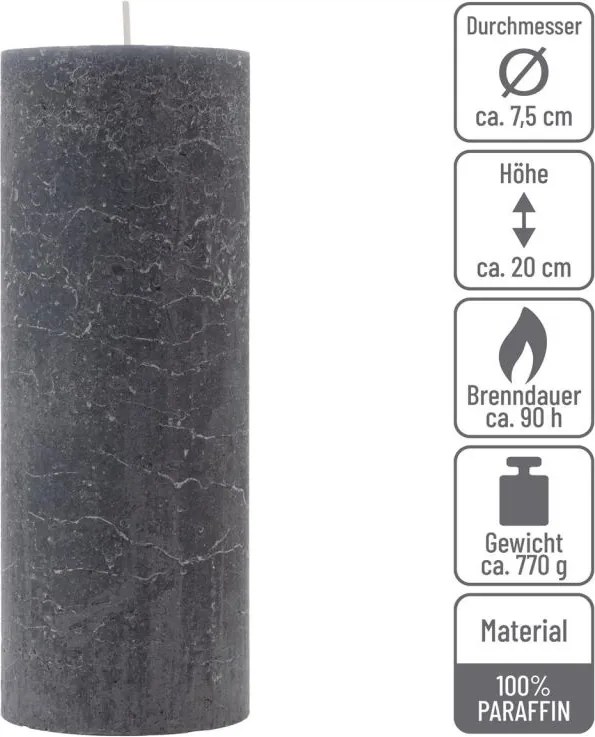 Zestaw świec rustykalnych, 20 cm, Ø 7,5 cm, antracyt, 4 szt.