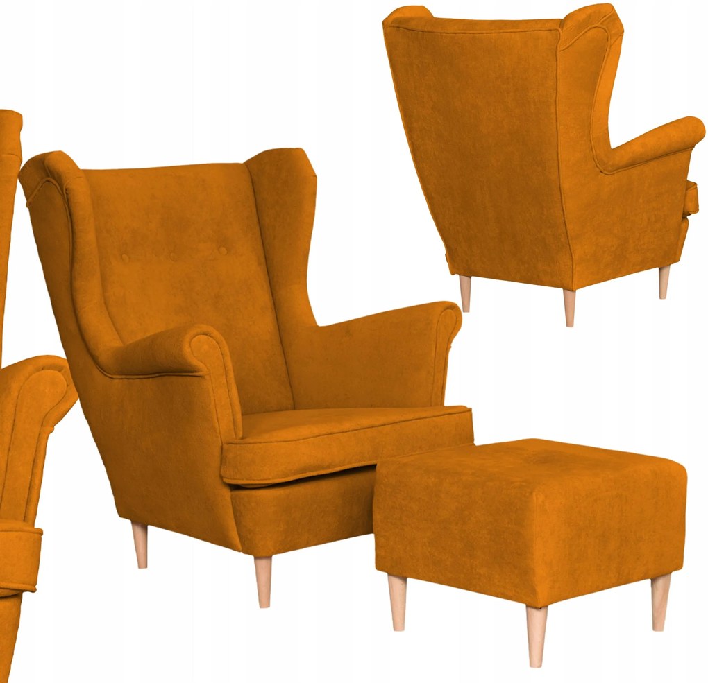 Fotel uszak z podnóżkiem skandynawski welur Hunter Family Meble musztardowy - DOSTĘPNY OD RĘKI