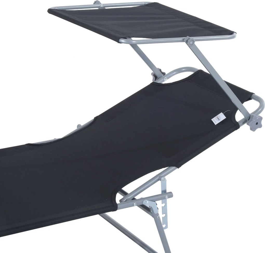 Outsunny Leżak ogrodowy składany z daszkiem przeciwsłonecznym idealny na plażę czarny 187x58x36 cm | Aosom PL