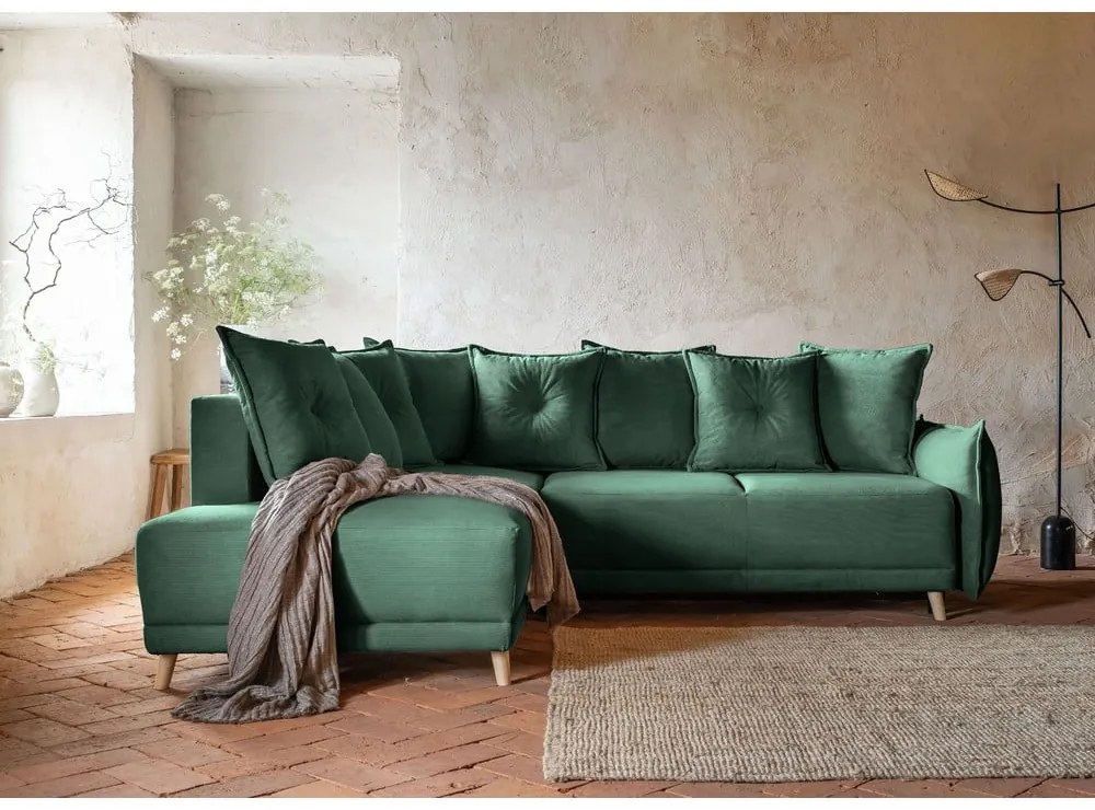 Zielony sztruksowy rozkładany narożnik (lewostronny) Lazy Lukka – Miuform