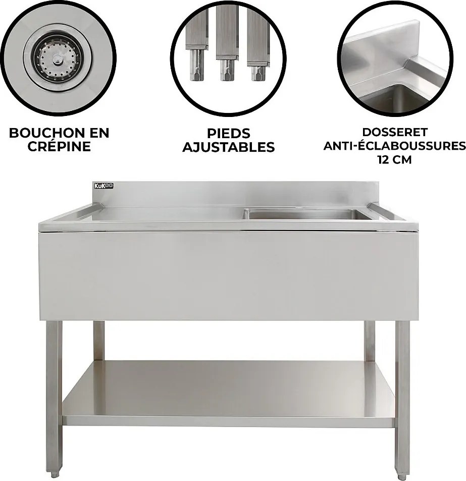 Zlewozmywak cateringowy KuKoo ze stali nierdzewnej z ociekaczem po lewej stronie