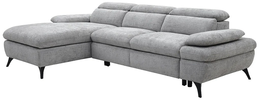 Kanapa narożna lewostronna rozkładana z szarą teksturowaną tapicerką - SURDELI