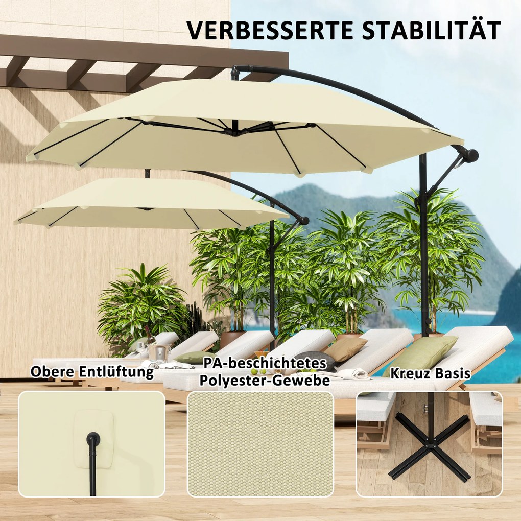 Outsunny Parasol Aluminiowy Ø 260 cm z Korbką, Wodoodporny, z Podstawą, Korbką, Beżowy