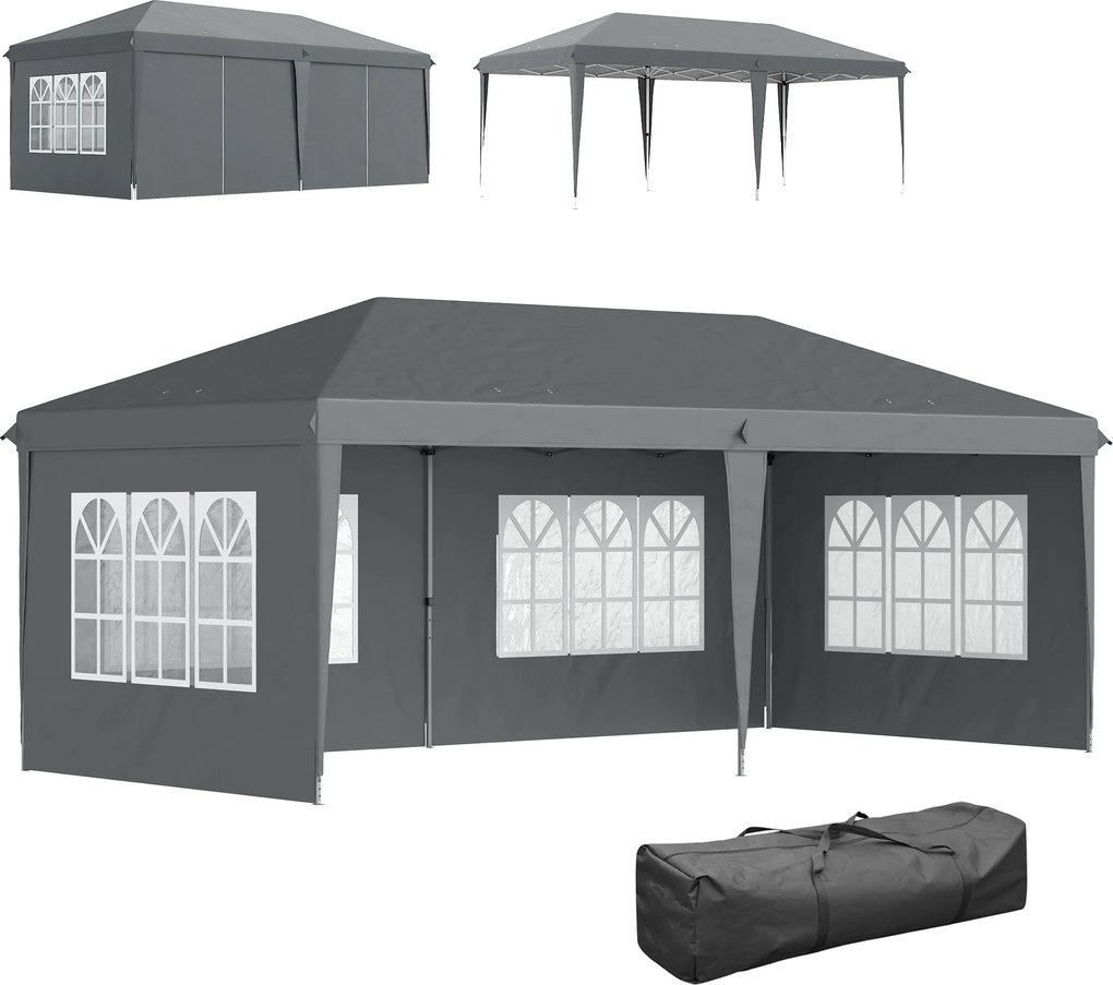 Outsunny Pawilon 3x6 m wodoodporny, składany z 4 ścianami, oknami, ochrona UV, torba transportowa, szary | Aosom PL