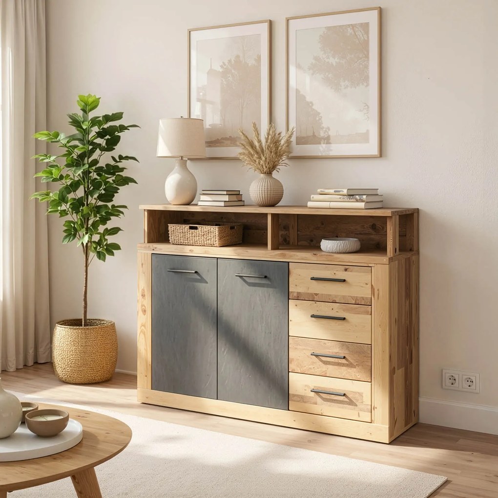 Komoda Dwudrzwiowa z Szufladami BLAGO MIDI A 119,6 cm Surowy Dąb/Czarny Loft