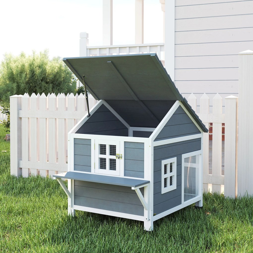 PawHut Domek dla kotów z drewna 2-poziomowa kryjówka z wodoodpornym, otwieranym dachem, boczną platformą, 101x72,5x81cm, Szary | Aosom PL