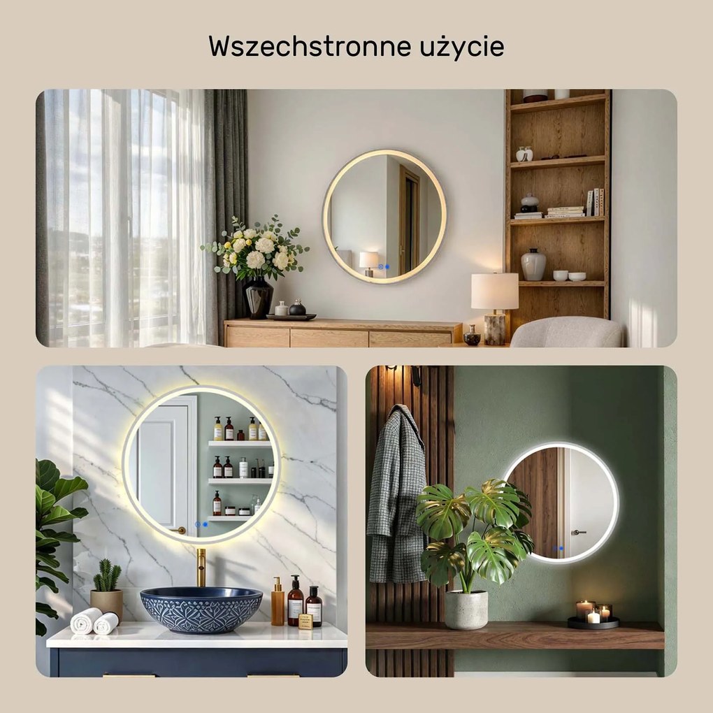 Okrągłe lustro podświetlane LED - 60/80 cm w srebrnej ramie aluminiowej