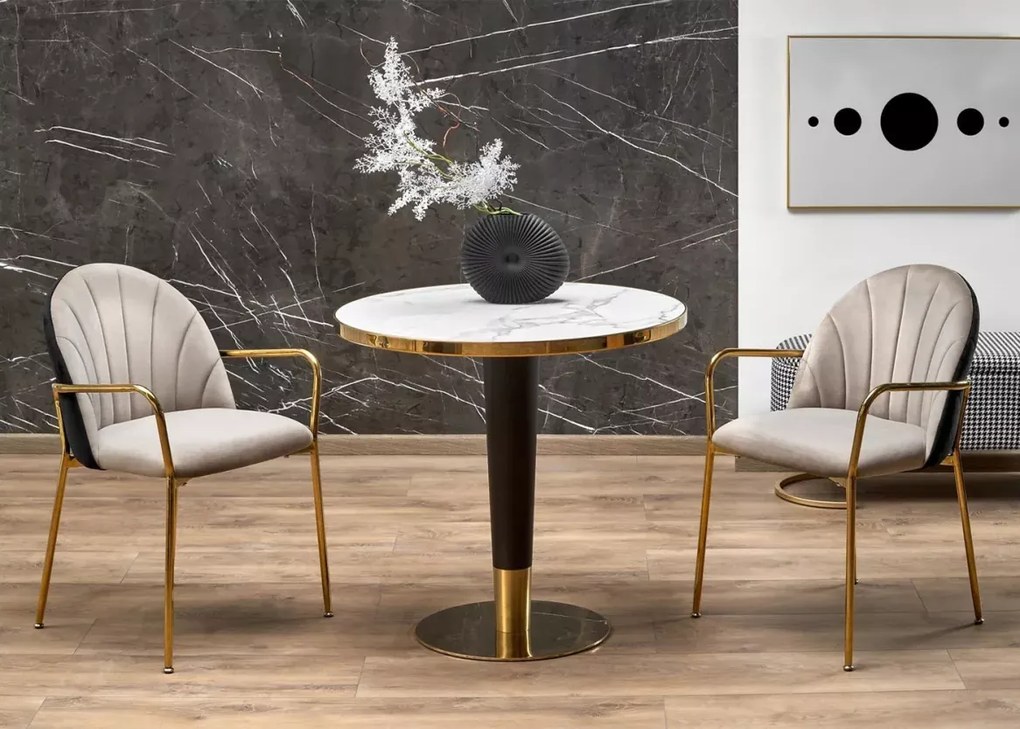 Stół Debor 79 cm w stylu glamour z okleinowanym blatem MDF imitującym marmur na czarnej nodze ze złotymi elementami