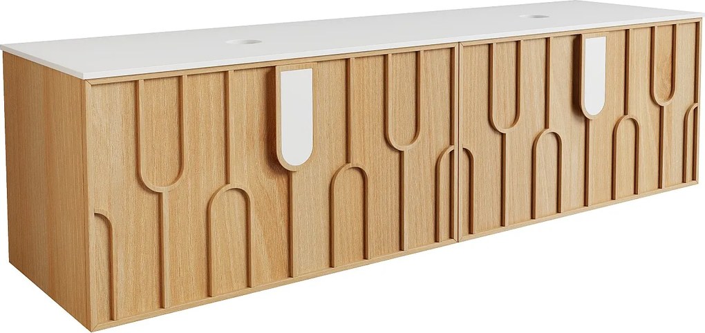 Wiszaca teksturowana szafka podumywalkowa z blatem z matowego spiekanego kamienia - Jasny naturalny - szer. 180 cm - MERKAN