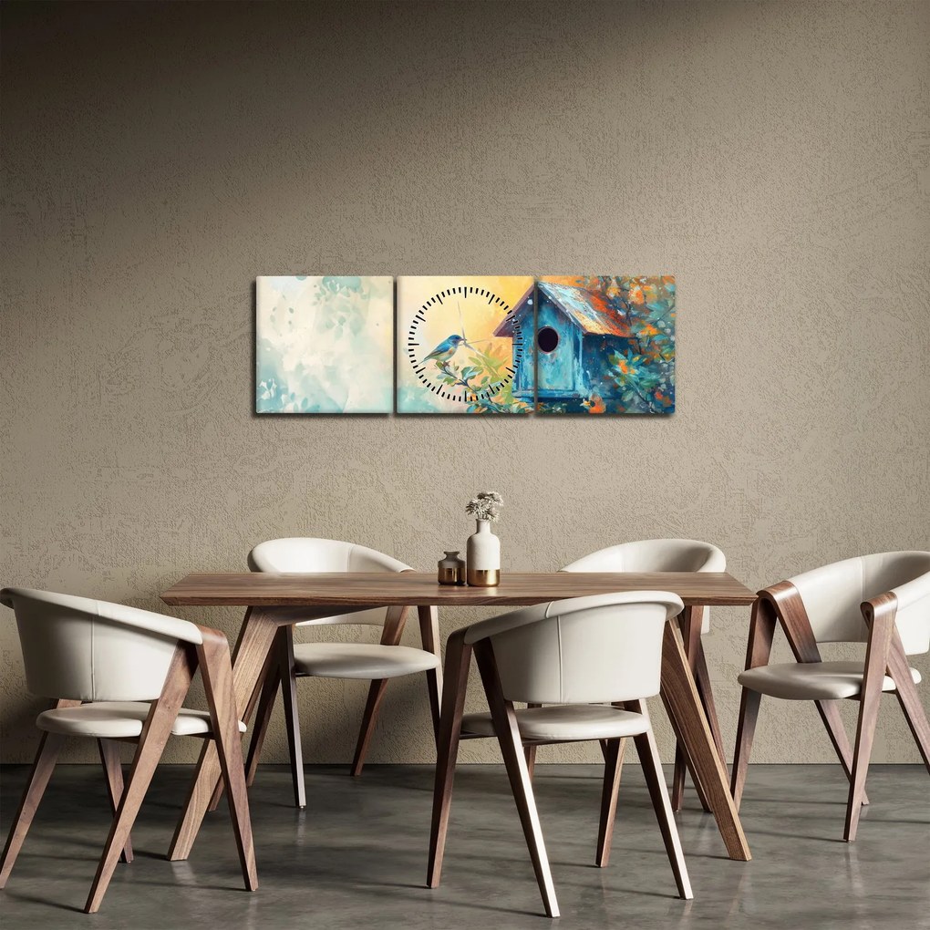 Obraz - Domek dla ptaków, akwarela (z zegarem) (90x30 cm)