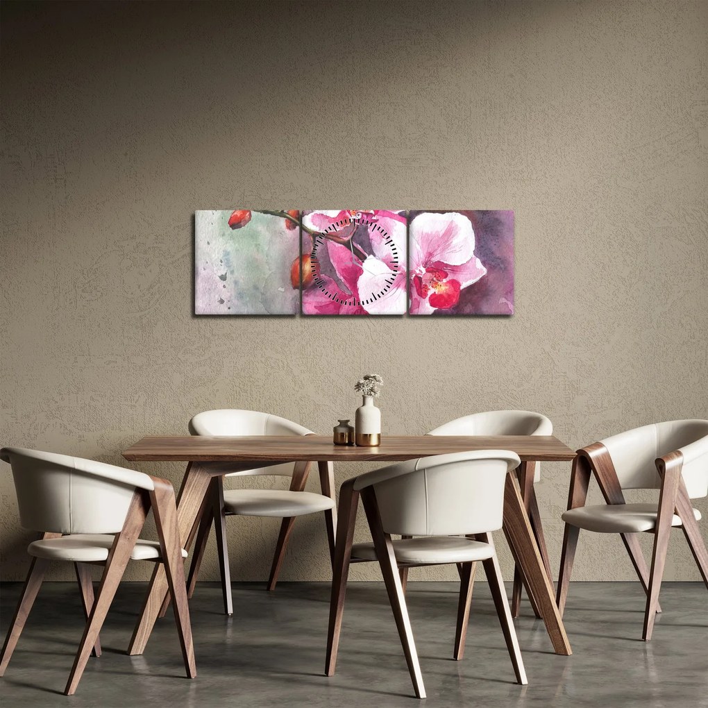 Obraz - Orchidee, akwarela (z zegarem) (90x30 cm)