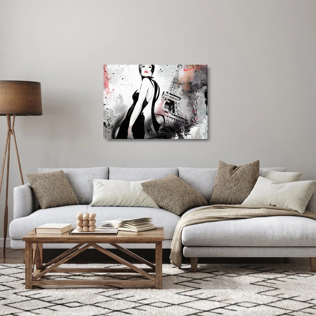 Obraz na szkle - Dama i Wieża Eiffla (70x50 cm)