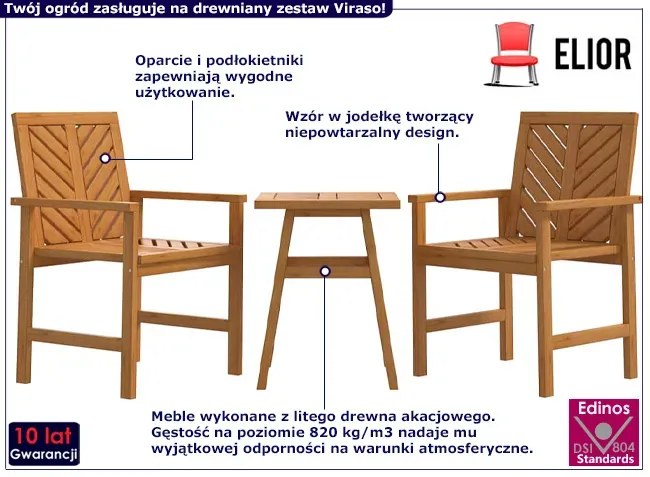 Dwa krzesła i stolik ogrodowy z drewna akacjowego - Viraso 3X