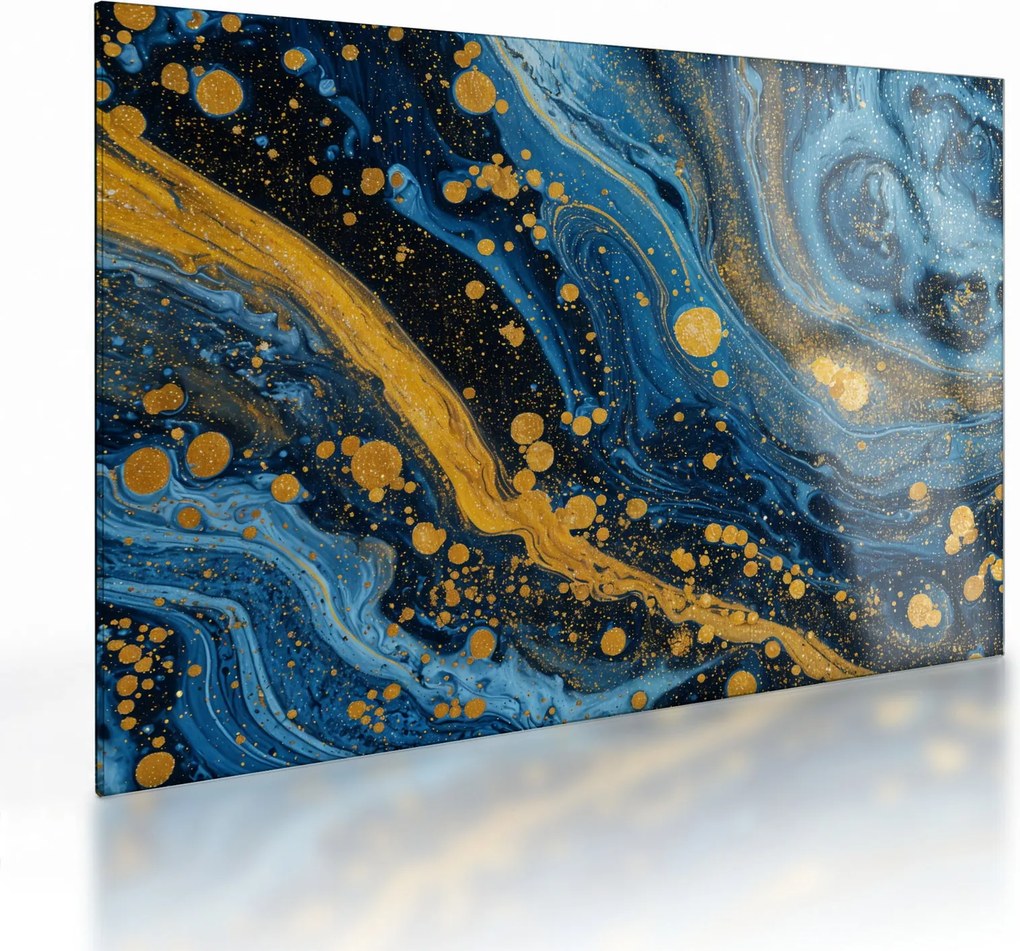 Obraz na szkle - Niebieska abstrakcja ze złotem (70x50 cm)