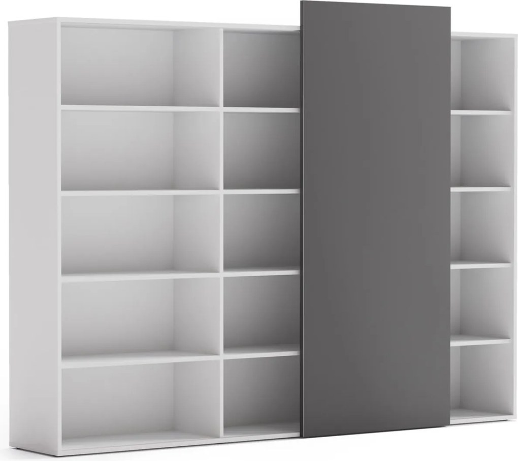 Regał biurowy z przesuwnym panelem BLOCK, 2390 x 400 x 1748, Biały / grafitowy