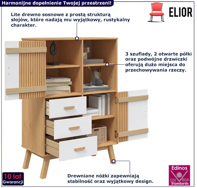 Skandynawska sosnowa komoda brązowy + biały - Krebri 5X