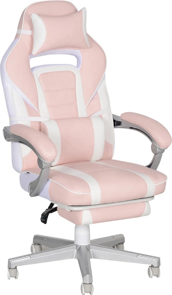 HOMCOM Fotel gamingowy z podnóżkiem, poduszkami na głowę &amp; lędźwie, obrotowy, regulowana wysokość, Różowy