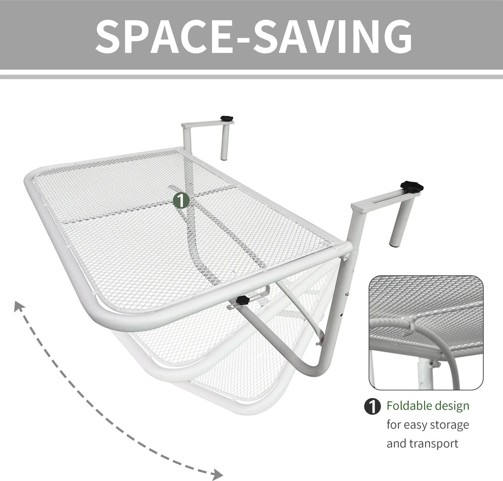 Outsunny Stół Wiszący Balkonowy Kwadratowy Regulowana Wysokość Metalowy Biały 60x565x45cm | Aosom PL