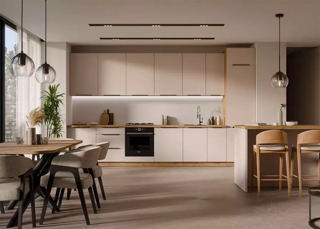 Loseo – komplet kuchenny 390 cm w kolorze kaszmir / dąb artisan z uchwytami czarnymi i systemem cichego domykania